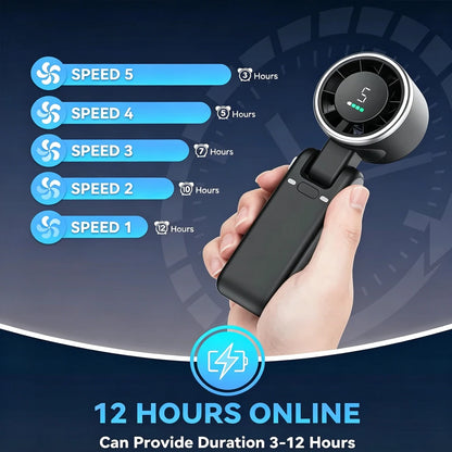 Handheld Mini Fan 5 Speed Foldable Mini Fan Portable Desk Outdoor Neck Hanging USB Rechargeable Fan Phone Stand Display Screen